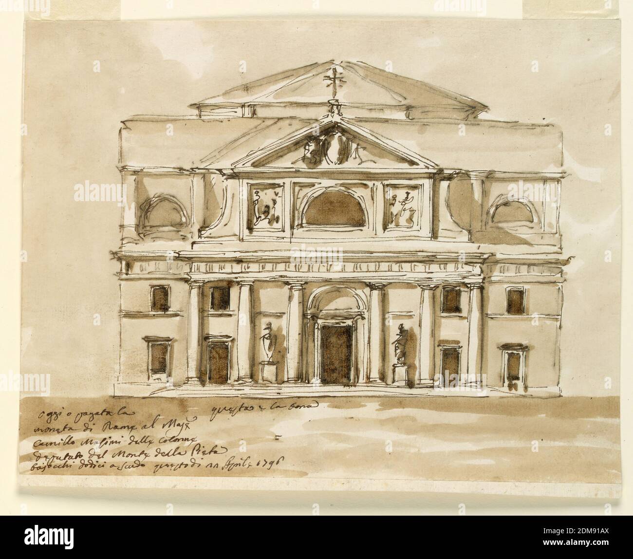 Elevation of a church, Giuseppe Barberi, Italian, 1746–1809, Pen and brown ink, brush and brown wash (bistre) on lined off-white laid paper, A variation of 1938-88-1229. The main differences are: the wall beside the attic of the pediment is the receding straight wall of the nave with semicircular windows in the lateral sections. A dome similar to 1938-88-1220 rises above the roof., Rome, Italy, 1796, architecture, Drawing Stock Photo