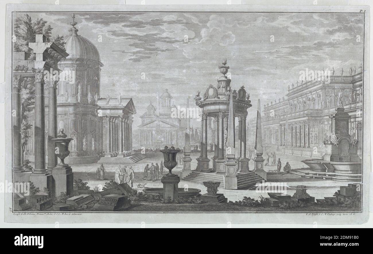 A 'Forum', Johann Andréas Pfeffel, German, 1674–1748, Giuseppe Galli Bibiena, Italian, 1696–1756, Engraving on paper, Plate 10 of the first part of the 'Architetture e Prospettive,' published by Joh. Andreas Pfeffel (1674-1748)., Italy, 1740, architecture, Print Stock Photo