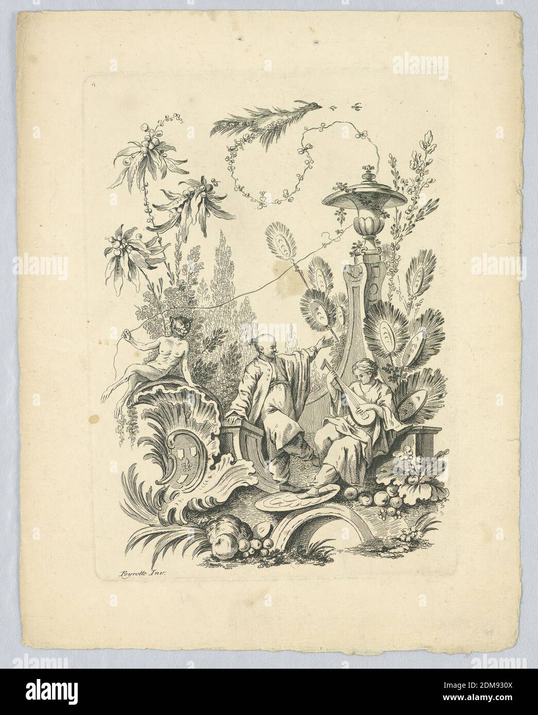 Rocaille Setting in Landscape with Classical and Chinoiserie Elements, Alexis Peyrotte, French, 1699–1769, Engraving on paper, Rocaille Setting in Landscape with Classical and Chinoiserie Elements, France, ca. 1740, Print Stock Photo