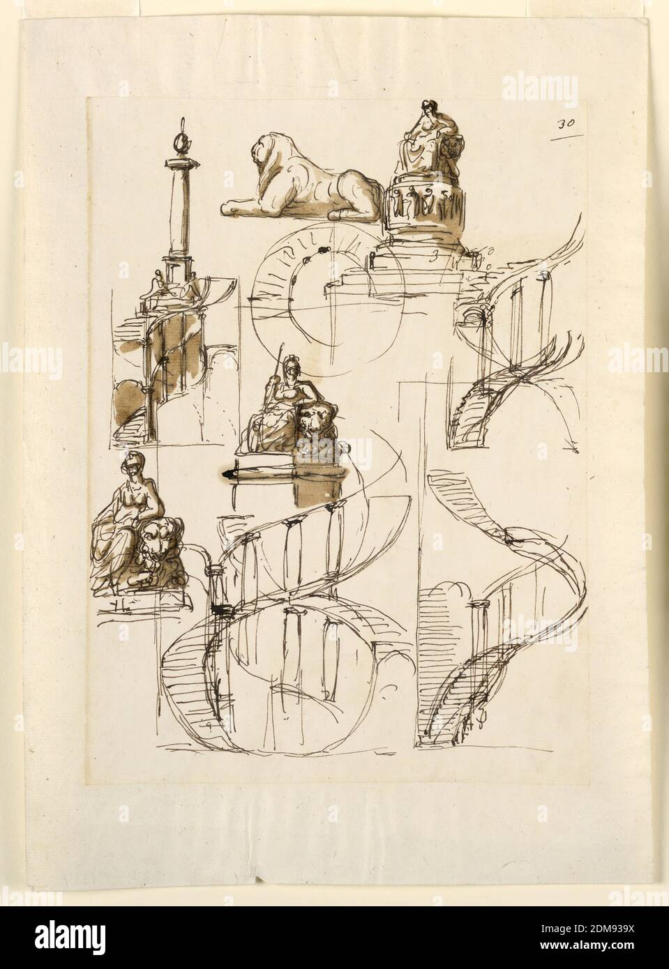 Monument, column and spiral staircase, Giuseppe Barberi, Italian, 1746–1809, Pen and brown ink, brush and brown wash on lined off-white laid paper, A similar elevation as in -1277 in shown at the top. The left forearm of the woman leans upon the head of the lion. Two similar groups are shown in the left centerl one of the women holds a lance. A crouching lion is shown in profile, turned toward left, in the top center. Top center: the elevation of a monumental column, below it is a section of a spiral staircase, beside, at right, its plan. Two sketches deal with the order of two spiral flights Stock Photo