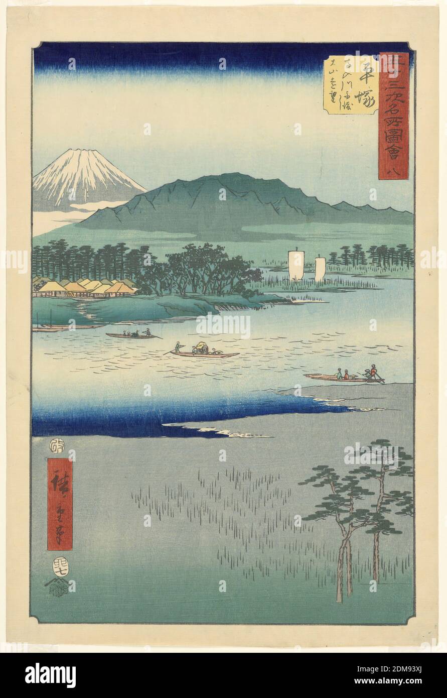 River Highway, Ando Hiroshige, Japanese, 1797–1858, Woodblock print in colored ink on paper, Water was the main highway of transportation during this time. Three boats filled with people are traveling back and forth from shore to shore. Two bigger ships are shown in the background sailing downstream. A village is tucked at the edge of a forest with Mt. Fuji looming beyond in the distance. The foreground is neutral, with abstract lines suggesting a swamp with tall grasses., Japan, 1797-1858, landscapes, Print Stock Photo