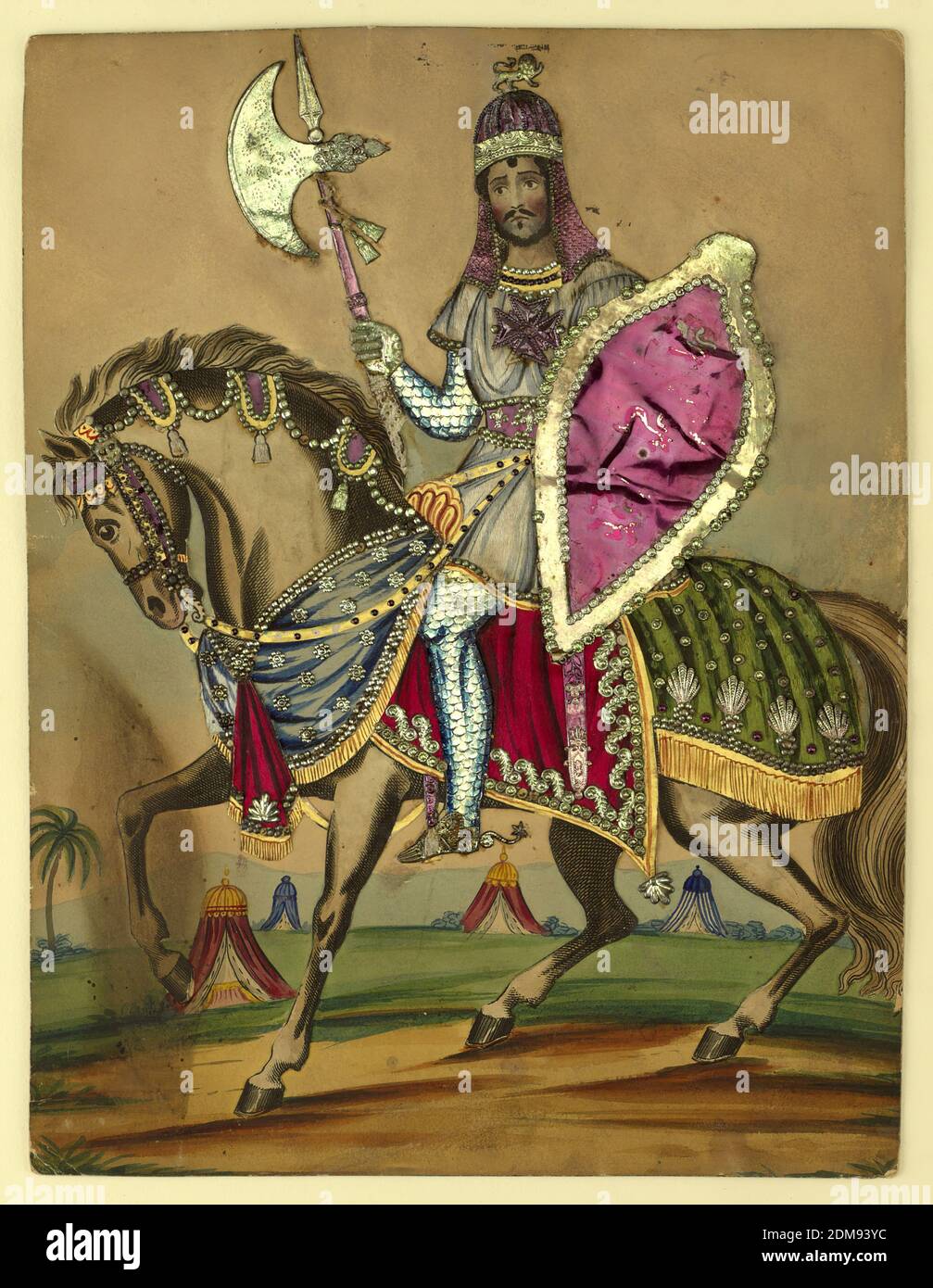 Tinsel Picture: Edmund Kean as Richard Coeur de Lion, Hand-colored engraving, embossed foil, fabric on paper, The actor, Edmun Kean, is shown on horseback, clad in armour. The horse and actor's face are engravings, cut out, the trappings silk and embossed metal and paper, and the background, shown an encampment, an original drawing., England, England, Europe, 1830–1840, Picture, Picture Stock Photo