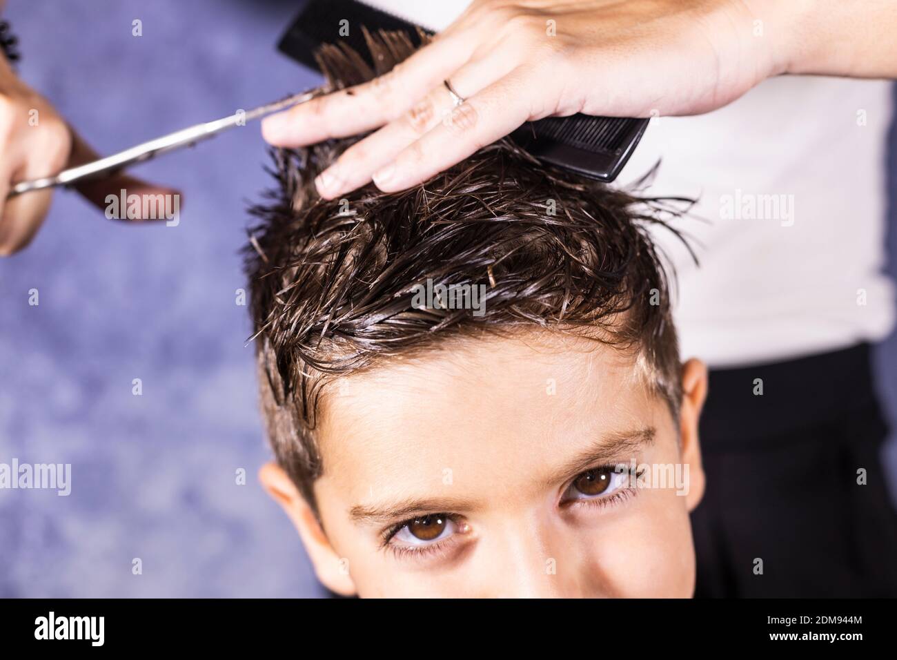 Woman Cutting Hair Against Wall Stock Photo - Alamy