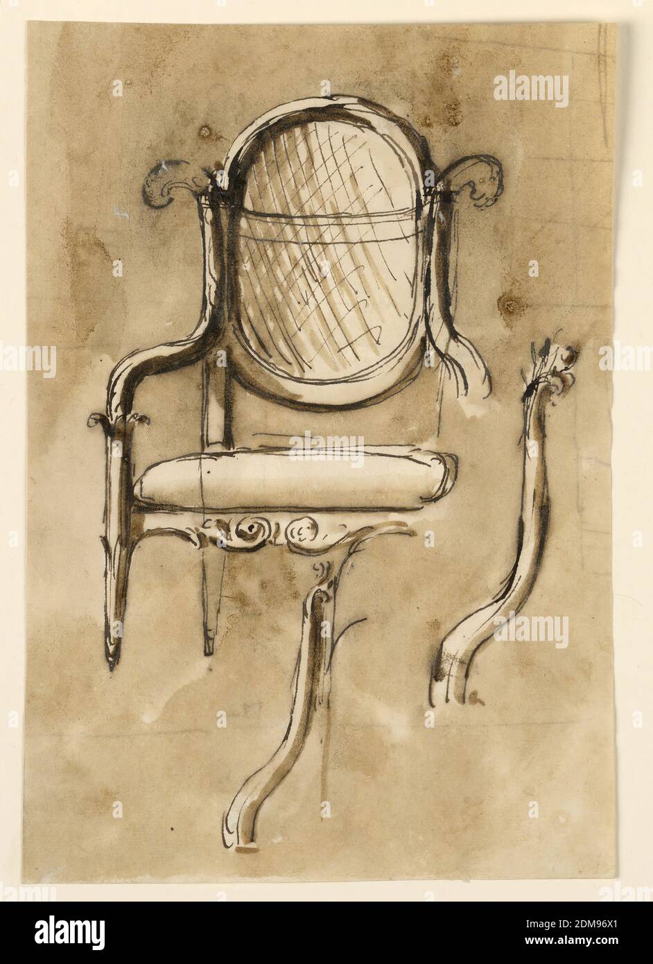Chair, Giuseppe Barberi, Italian, 1746–1809, Pen and brown ink, brush and brown wash on off-white laid paper, Above is the chair, seen from the front, the legs and the fore part of the arm being omitted, at right. The seat is upholstered. The back is high oval with straw plaiting supported by the upper part of the back legs. The arms begin above, at the back, and end in the upper part of the front legs which have the shape of two calices, one in the other. Below and at right are two sketches for the curved arms. On the reverse is part of the architectural plan with the letters 'C', 'f Stock Photo
