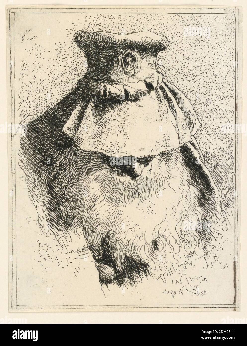 Old man with his face hidden in his hood, from the Raccolta di Teste, Giovanni Battista Tiepolo, Italian, 1692 - 1770, Etching on laid paper, Head of an old man in frontal view with his face bent downward. The big hat and beard leave only his nose visible from his face., Italy, 1770–1774, figures, Print Stock Photo