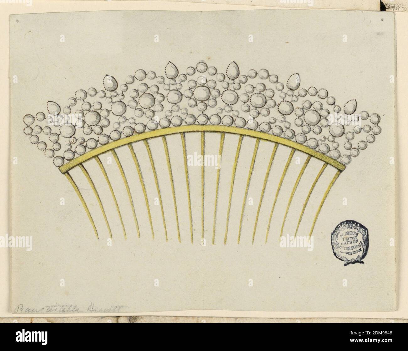Design for a Comb, Crayon, pen and ink on paper, Seventeen tines springing from a metal band. The crest boarder is composed of round diamonds in various sizes. Six drop-shaped stones above, in the intervals between the circles, forming a row below the scehem of hte decoration. Inside the circles are blossoms., Italy, 1820, jewelry, Drawing Stock Photo