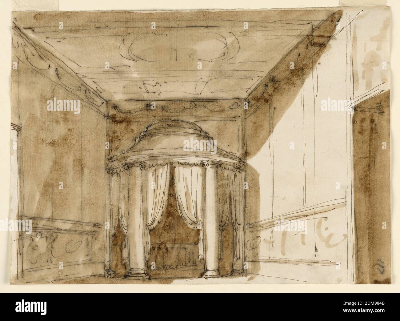 Design for a Bed Alcove, Perspective, Giuseppe Barberi, Italian, 1746–1809, Pen and brown ink, brush and brown wash on off-white laid paper, lined, Another suggestion for the same problem dealt with in 1901-39-1494. The elevation of the alcove is like that of a circular vaulted pavilion with two Ionic columns and laterally two pilasters supporting the entablatures. Draped curtains in the three entrances. The wall behind the roof is straight. In the foreground, at right, is a part of a door of the room. The decoration of the walls and of the ceiling is outlined. The room has a dado Stock Photo