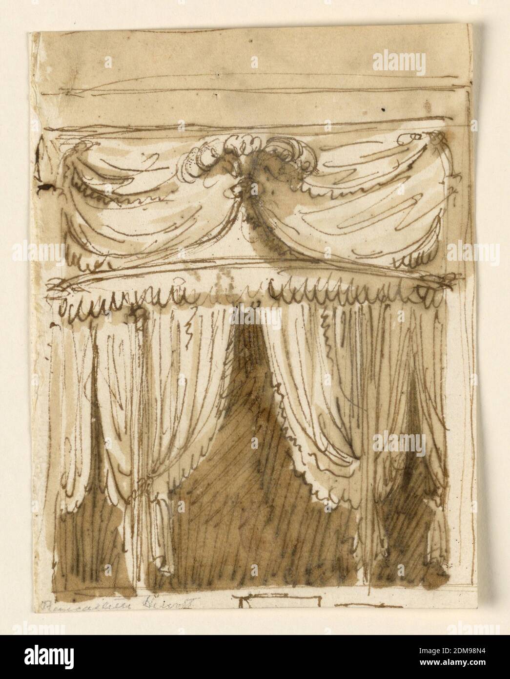 Project for a Tented Alcove. Tented alcove. The central portion is  circular. Two gatherings of drapery form and entryway. The roof is pointed,  with a cresting of feathers. The wall behind is