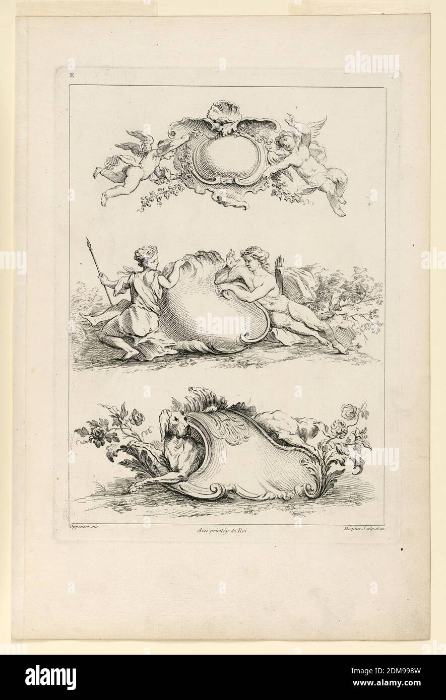 Page Two from 'Cinquième Livre Contenant des Cartouches Inventés par G. M. Oppenort Architecte du Roi et Gravé par Huquier', Gilles-Marie Oppenord, French, 1672–1742, Gabriel Huquier, French, 1695–1772, Etching on paper, Three cartouches in sequence. First is flown by two small angels; second on ground flanked by two seated nymphs. Third with a dog. Inscribed, upper left: 'E'; upper right: 'Q'; lower left: 'Oppenort inv.'; center: 'Avec privilege du Roi'; lower right: 'Huquier sculp. et ex.', France, after 1751, Print Stock Photo