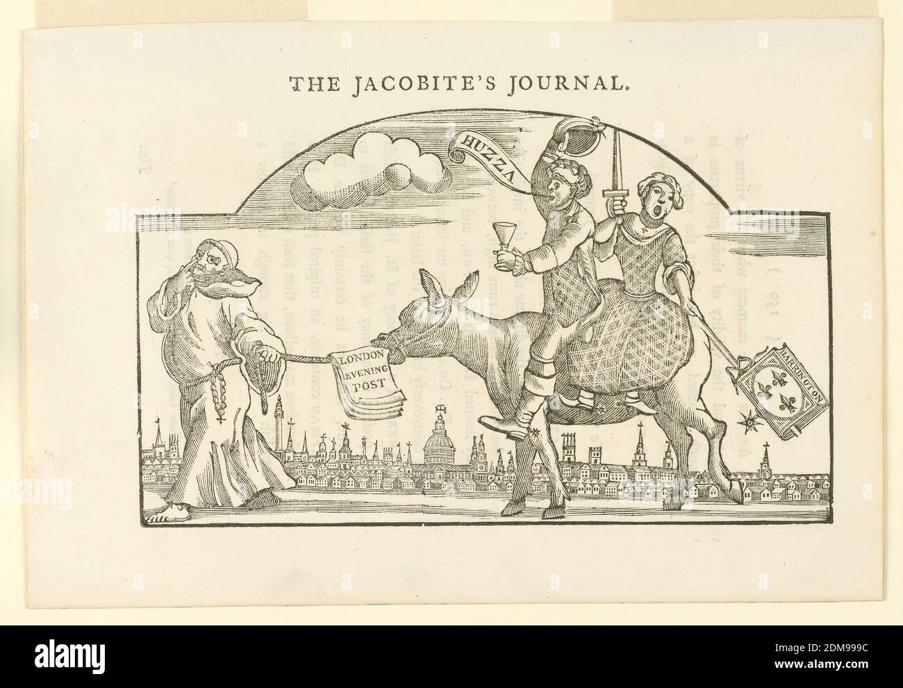 The Jacobite's Journal, Samuel Ireland, English, ca. 1744–1800, William Hogarth, English, 1697 - 1764, Woodcut on paper, With an arched upper part. A donkey led by a monk carries a man and a woman. The man holds a wine glass in his left hand, raises his hat with his right hand and shouts 'Huzza'; the woman holds a sword and a pack of cards marked 'Harrington'. In background, silhouette of London. Illustration for Ireland, 'Graphic Illustrations…' I, 149., England, 1794, Print Stock Photo