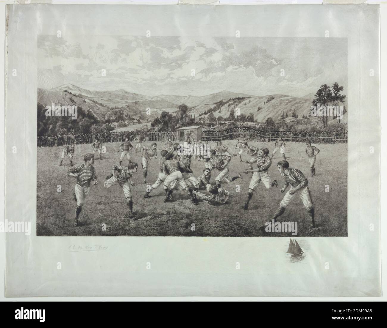 Soccer Game, Ricardo de los Ríos, Spanish, 1847 - 1929, Engraving on vellum, Young men in striped shirts playing soccer; crowds washing from the fence. Mountains beyond. Lower right, a boat, with the artist's name. His signature in pencil, lower left., Paris, France, ca. 1890, Print Stock Photo