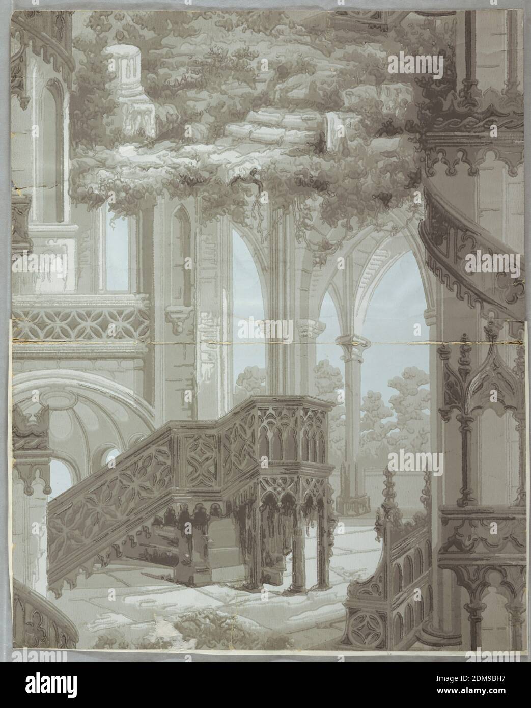 The Monastery, Thomas Strahan & Co., Manufactory, Machine-printed paper, Gothic revival-style with architectural elements including columns, stairs and fretwork. Also contains landscape elements. Printed in grisaille or shades of gray., Chelsea, Massachusetts, USA, ca. 1900, Wallcoverings, Sidewall, Sidewall Stock Photo