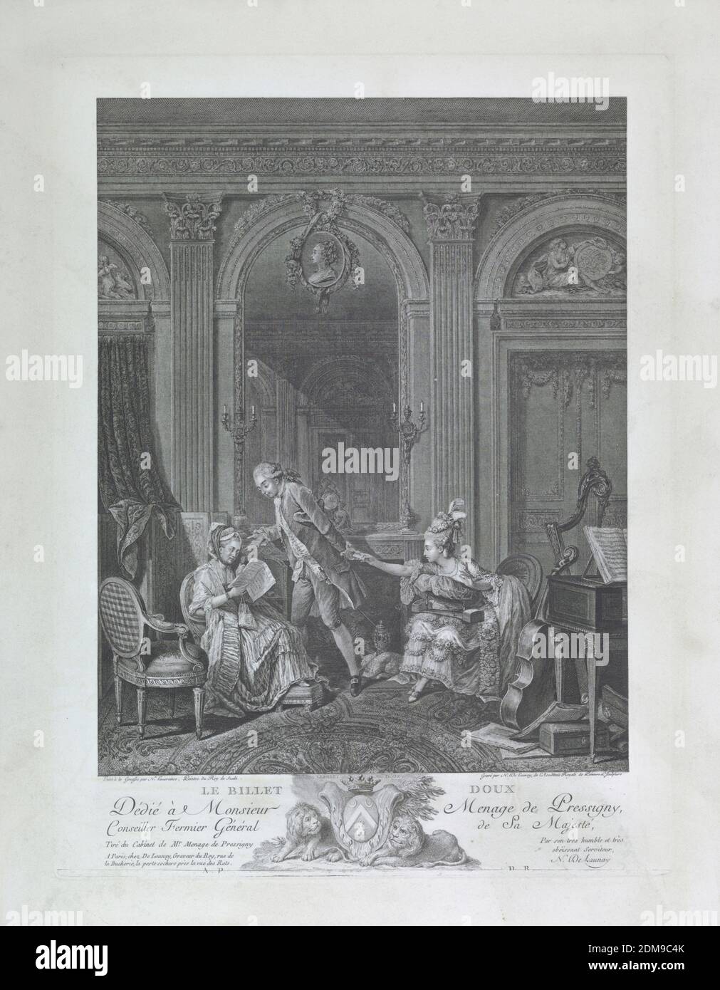 Le Billet Doux, Nicolas Delaunay, French, 1739–1792, Nicolas Lavreince, Swedish, 1737–1807, Engraving and etching on white paper, Print after a gouache work by Niclas Lafrensen, the younger. Shows an interior featuring a man and two women. The woman on the right is handed a folded letter by the standing man in the center, as she reaches towards him. She is seated with a small musical instrument is in her lap. The second woman appears to the left of the man; she is seated and reading a sheet of music. A harp, cello, and harpsichord stand to the right Stock Photo