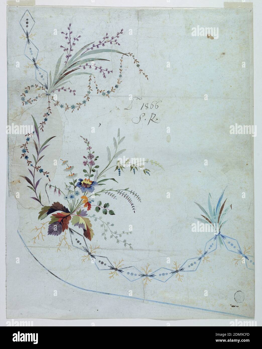 Design no. 1866 for the Embroidery of the Lower Front Part of an Overskirt of the 'Fabrique de St. Ruf', Fabrique de Saint Ruf, Lyon, France, Graphite, brush and gouache on paper, Bunches of flowers and of leaves rise from the framing which is formed by a chain of lozenges. Over its central part at left is pasted a piece of paper suggesting a frame formed by a leaf bough and a garland. A line along the hem., France, ca. 1785, Drawing Stock Photo