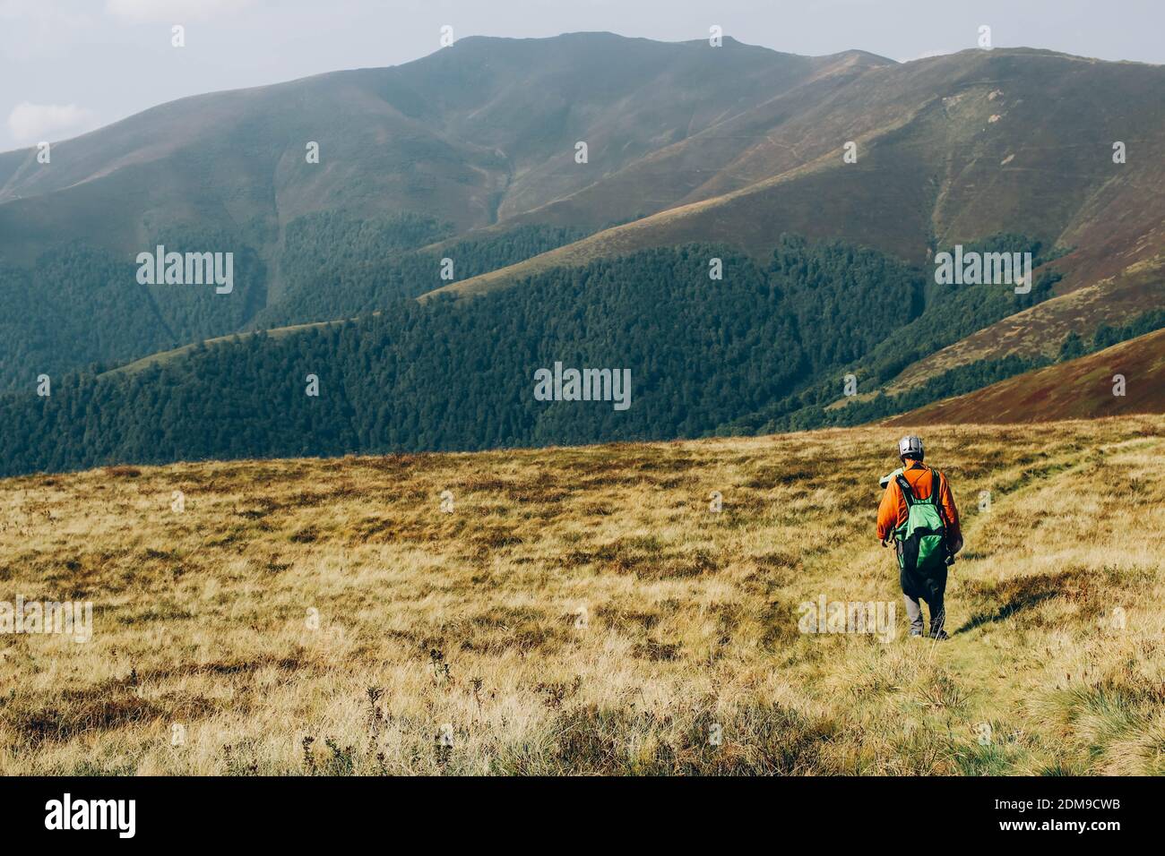 Male traveler is walking through the field on the background of the beautiful mountains Stock Photo