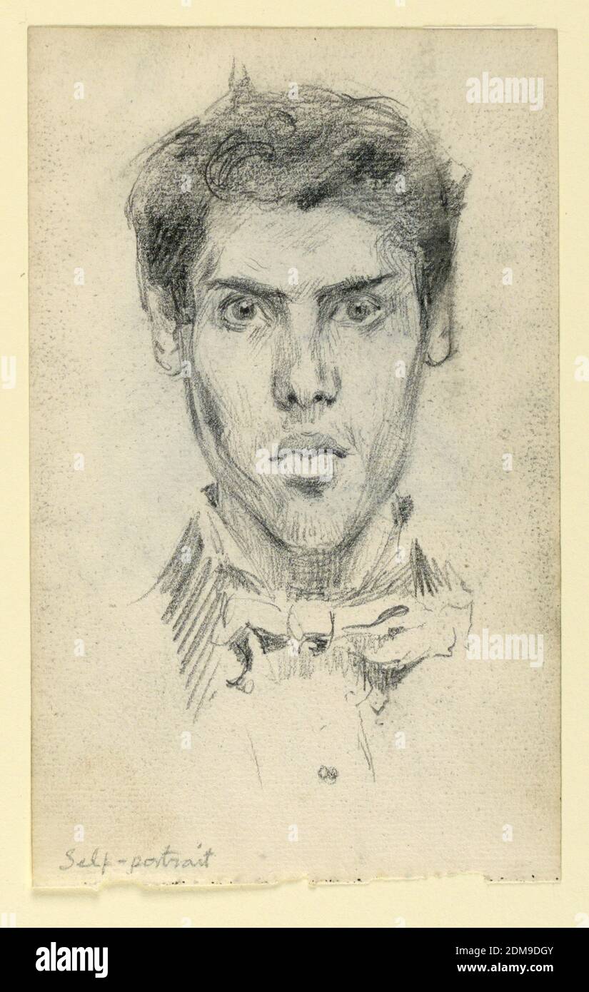 Self-Portrait, Kenyon Cox, American, 1856–1919, Graphite on laid paper, Self-portrait of the artist in collar and bowtie, looking directly ahead., USA, ca. 1880, portraits, Drawing Stock Photo