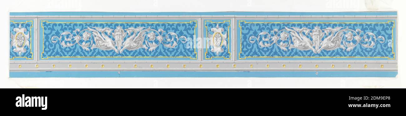 Border, Block-printed on satin ground, continuous paper, Panels framed in grisaille containing alternately a mask centered within leaf forms and griffons, and a jewelled escutcheon. Below, a grisaille band along which at regular intervals are yellow gems., Lyon, France, 1835–45, Wallcoverings, Border Stock Photo