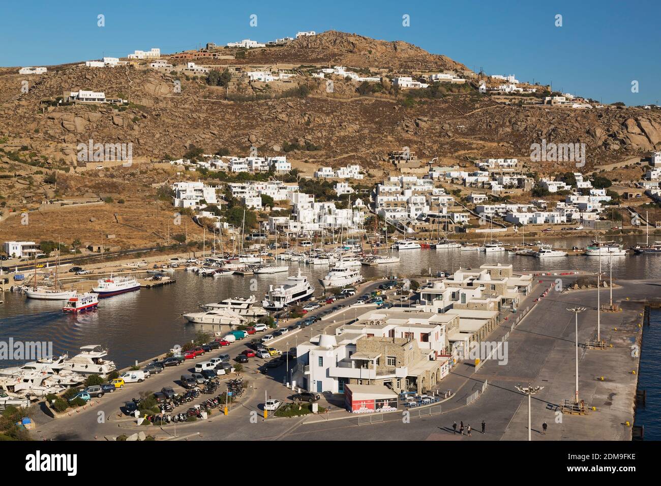 Top view of small boats and private yachts in Mykonos new port marina, Mykonos Island, Greece, Mykonos Island, Greece Stock Photo