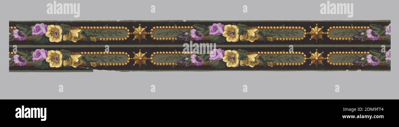 Border, Machine-printed paper, Buff and brown beaded cartouches, contain bouquet of magenta roses and yellow flowers. Eight-point buff and brown stars are suspended between the cartouches. Black ground., England, 1850, Wallcoverings, Border Stock Photo