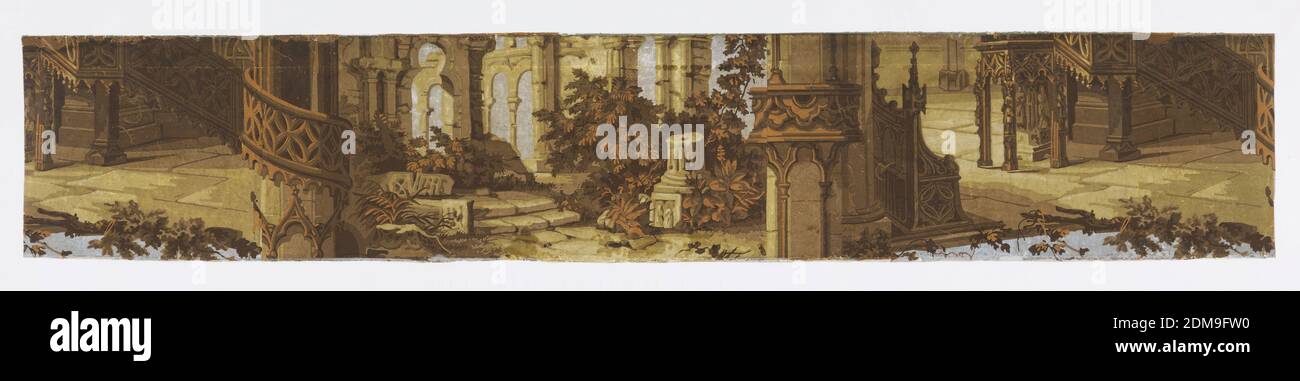 Sidewall, Machine-printed, Horizontal strip of joined wallpaper cutting across two and one-half widths of paper showing classical ruins, gothic tracery, balustrades and shrubbery. Drop match, full repeat not shown., possibly USA, ca. 1900, Wallcoverings, Sidewall Stock Photo