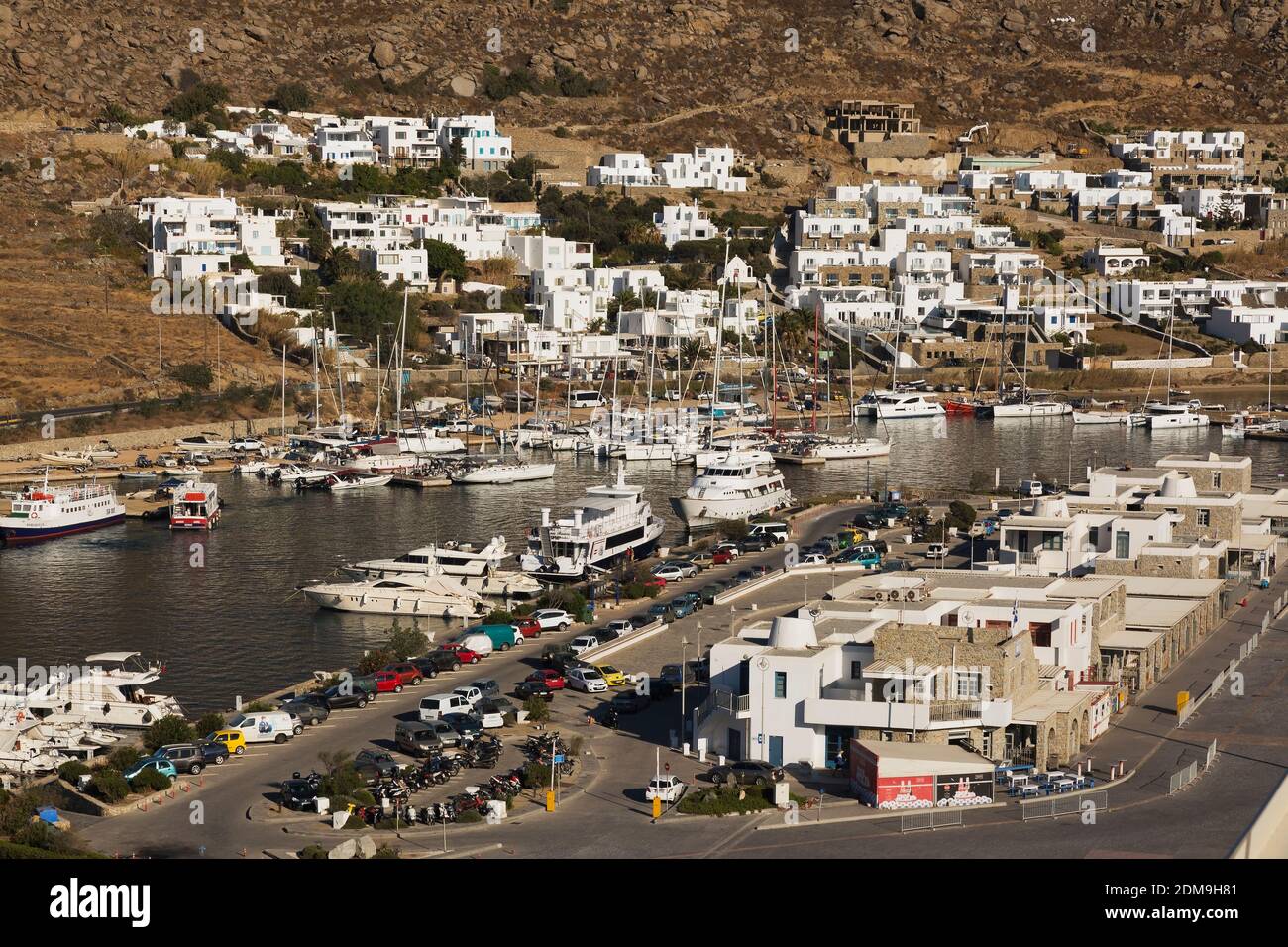Top view of small boats and private yachts in Mykonos new port marina, Mykonos Island, Greece Stock Photo