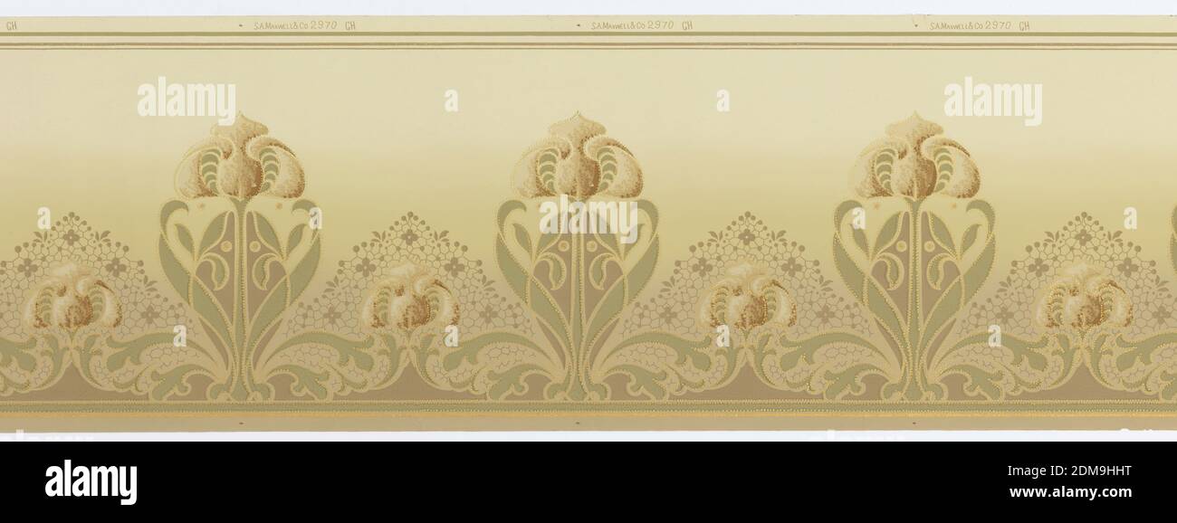 Frieze. Art Nouveau. Alternating large and medium pink lilies connected by  foliate/leafy swag. Secondary ribbon swag behind lilies. Outlined on the  bottom by a simplified lace-like pattern (scalloped). This is repeated near