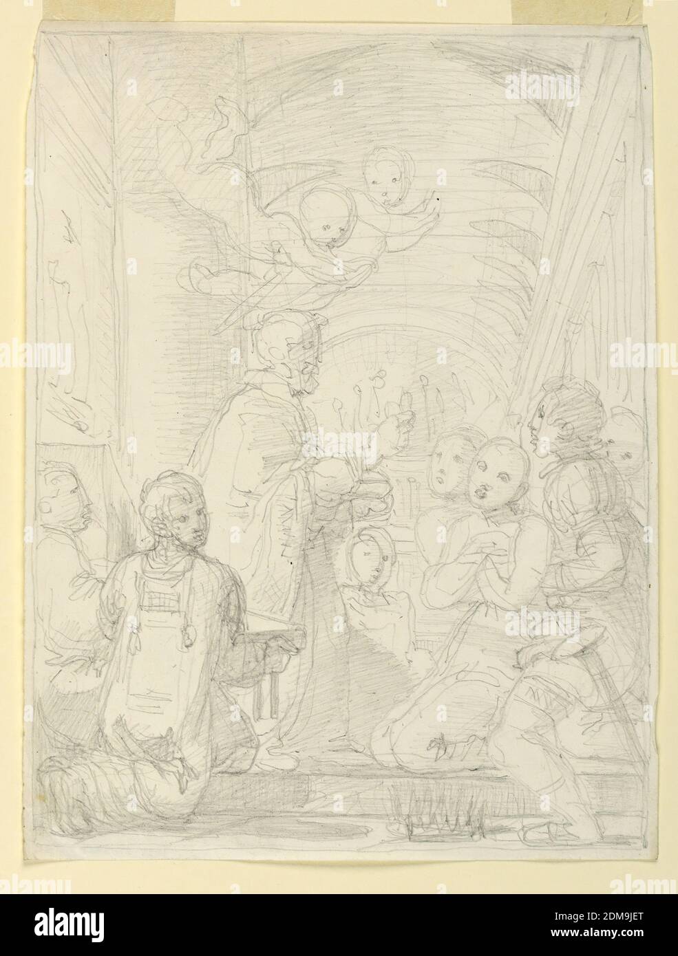 Saint or Ecclesiastic Figure Administering Communion, Fortunato Duranti, Italian, 1787 - 1863, Graphite on paper, Saint or Ecclesiastic Figure Administering Communion. Putti fly above, attendants at lower left, and worshippers at right receiving the bread., Rome, Italy, 1820–1850, Drawing Stock Photo