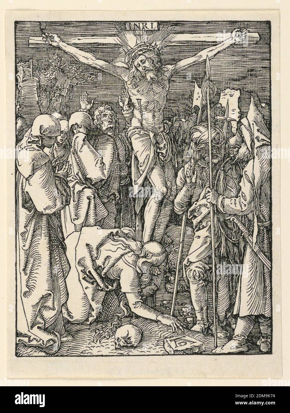Christ on the Cross (The Crucifixion), from The Little Passion Series, Albrecht Dürer, German, 1471–1528, Woodcut on paper, Christ is on the cross in the center of the composition, facing the spectator. The holy women and Saint John standing at left, Mary Magdalen kneels at the feet of Christ, her left hand covering her face. Soldiers at right. Monogram of Dürer on stone, near lower right., Germany, ca. 1509–1511, Print Stock Photo