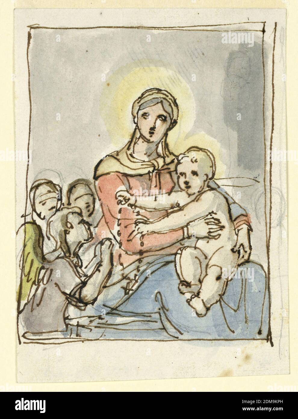 Christ Child with Rosary, Fortunato Duranti, Italian, 1787 - 1863, Graphite, pen and ink, brush and watercolor on paper, The Christ Child sits on his mother’s lap and hands a rosary to an angel. Design for a painting., Rome, Italy, 1820–1830, figures, Drawing Stock Photo