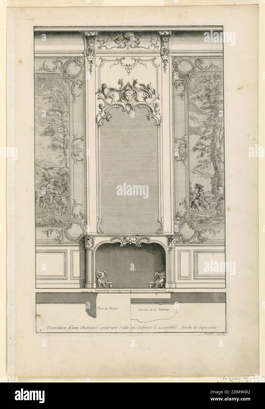Plate 4, Decoration de Cheminée pour un grand Apartement, Jacques-François Blondel, French, 1705 - 1774, Jean Mariette, 1660–1742, Engraving on paper, A mantelpiece, slightly projecting with a mirror above. Upper part of frame embellished with scrollwork, female mask and two birds. Tapestries decorating adjoining paneling. Below, profile of wall molding with legend. Inscribed along lower margin: 'Decoration d'une Cheminée, pour une Salle ou Cabinet d'assemblée, tendu de tapisseries'; lower right: 'Mariette excudit'; upper left: 4'., France, ca. 1727, Print Stock Photo