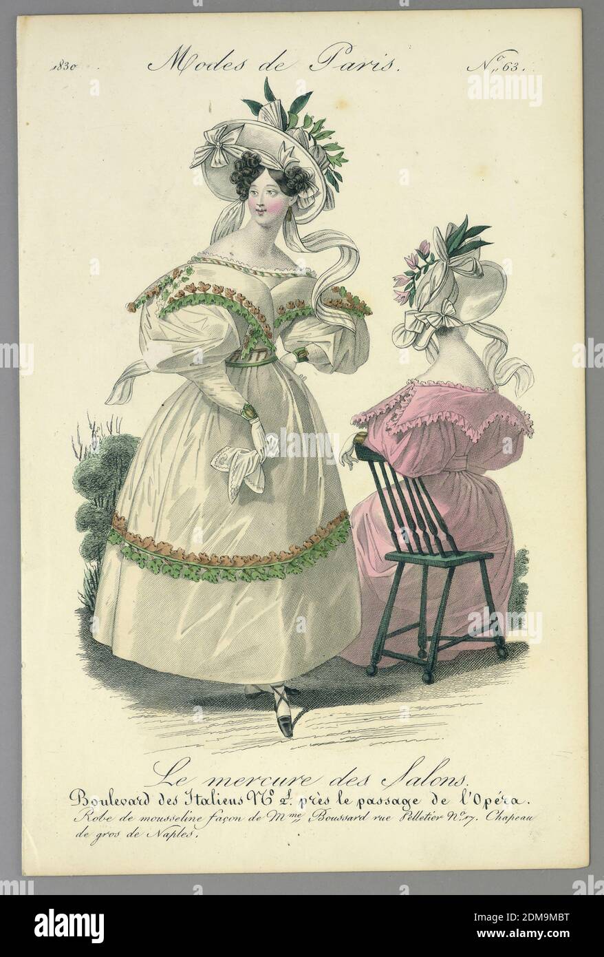 Fashion Plate from Le Mercure des Salons, Modes de Paris, Wood engraving, brush and watercolor on paper, One woman standing left, wearing a white dress and hat, with green and brown trim; the other sitting right, in a pink dress. Title above and below., Paris, France, 1830, Print Stock Photo