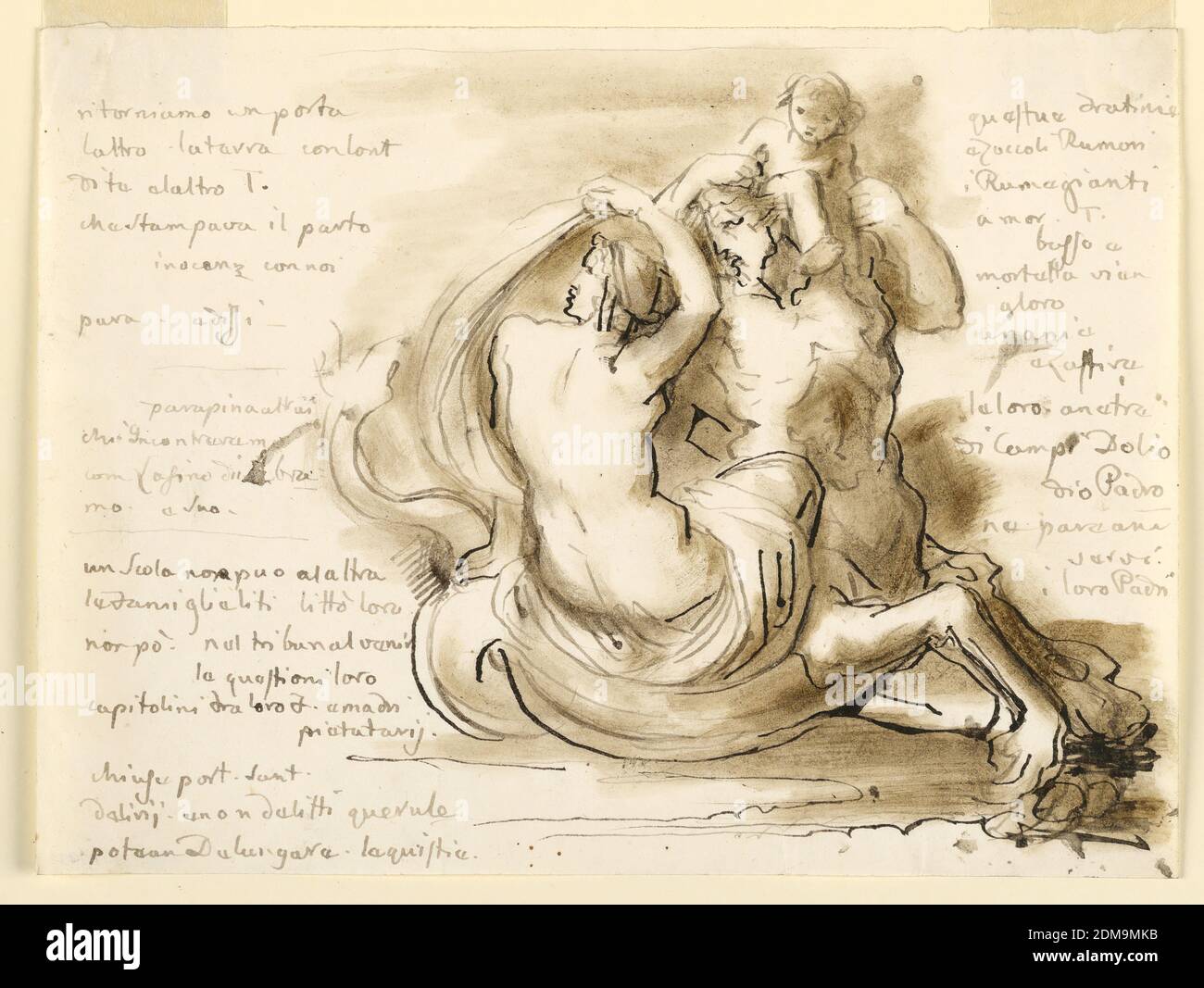 Sketch, Centaur with Woman and Child, Fortunato Duranti, Italian, 1787 - 1863, Pen and ink, brush and sepia wash on paper, Sketch, Centaur (or Ichthyocentaur) with Woman and Child., Rome, Italy, 1820–1850, Drawing Stock Photo