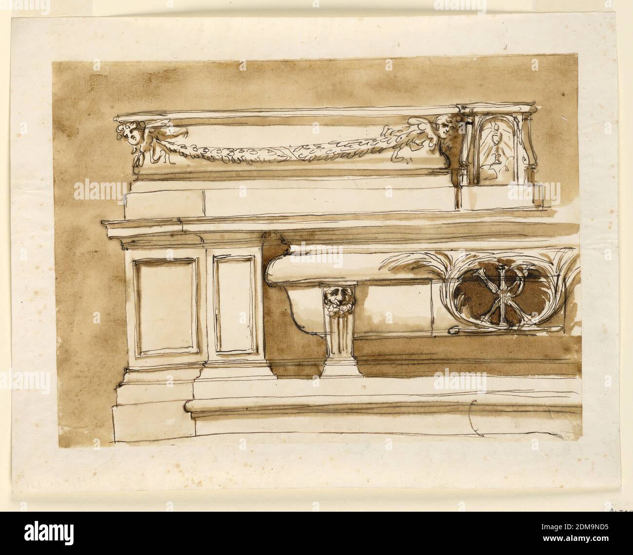 Altar mensa, Giuseppe Barberi, Italian, 1746–1809, Pen and brown ink, brush and brown wash on lined off-white laid paper, The left half is shown. The central part is projecting. One step leads to it. Laterally are molded panels. The bathtub sarcophagus is supported by a gaine with a lion mask. In the center is an ovoidal opening with a monogram in front and with a framing of palm branches. In the center of the ledge is the tabernacle. In front of the upper mouldings is a festoon supported by a cherubim., Rome, Italy, 1746-1809, architecture, Drawing Stock Photo