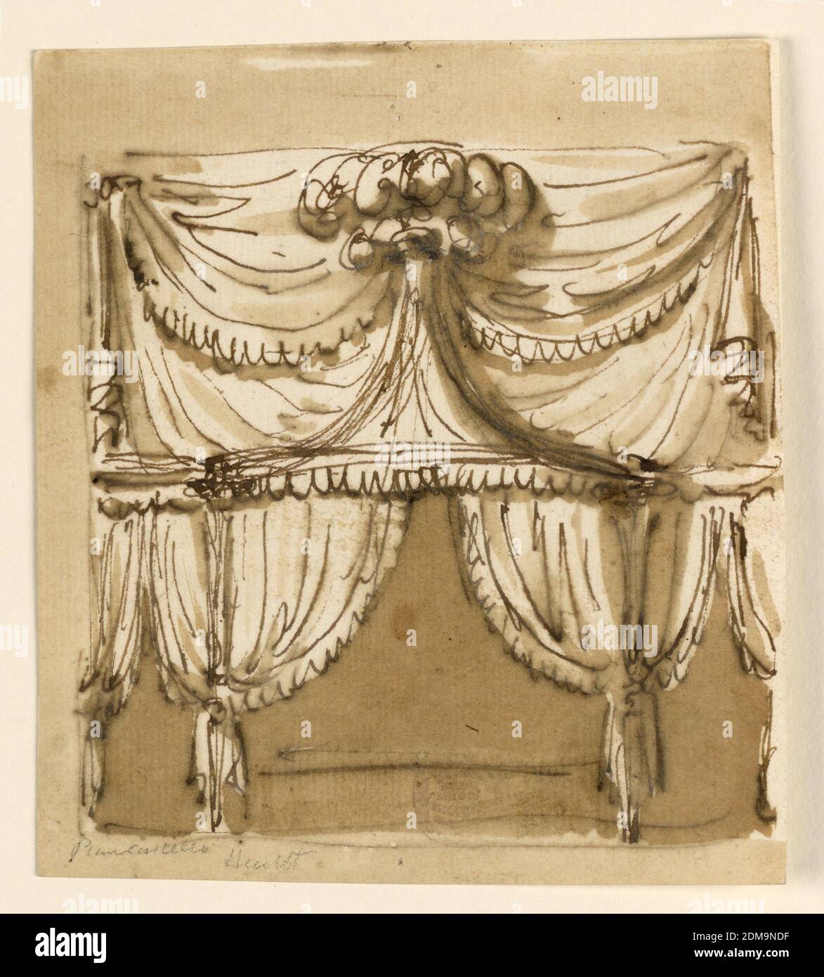 Elevation of an Alcove, Pen and brown ink, brush and brown wash on off-white laid paper, lined, Tented alcove. The central portion is circular and lateral ones straight. Supported by two posts. The roof is pointed, with a cresting of feathers. The wall behind is draped with textiles., Italy, ca. 1790, interiors, Drawing Stock Photo