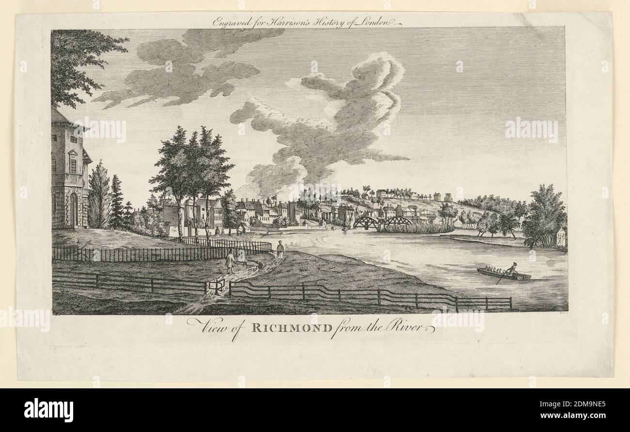 View of Richmond, from the River Thames, from Walter Harrison's History of London, John Cooke, English, acitve 18th c., Royce, English, active 18th c., Engraving on paper, The view is taken looking down the River Thames, with the town of Richmond (Berkshire) in the background. A country house in the left foreground. Inscribed below: 'View of RICHMOND from the River,' and at the top: 'Engraved for Harrison's History of London.' Inscribed lower right corner: 'Royce sc.', London, England, ca. 1750, Print Stock Photo