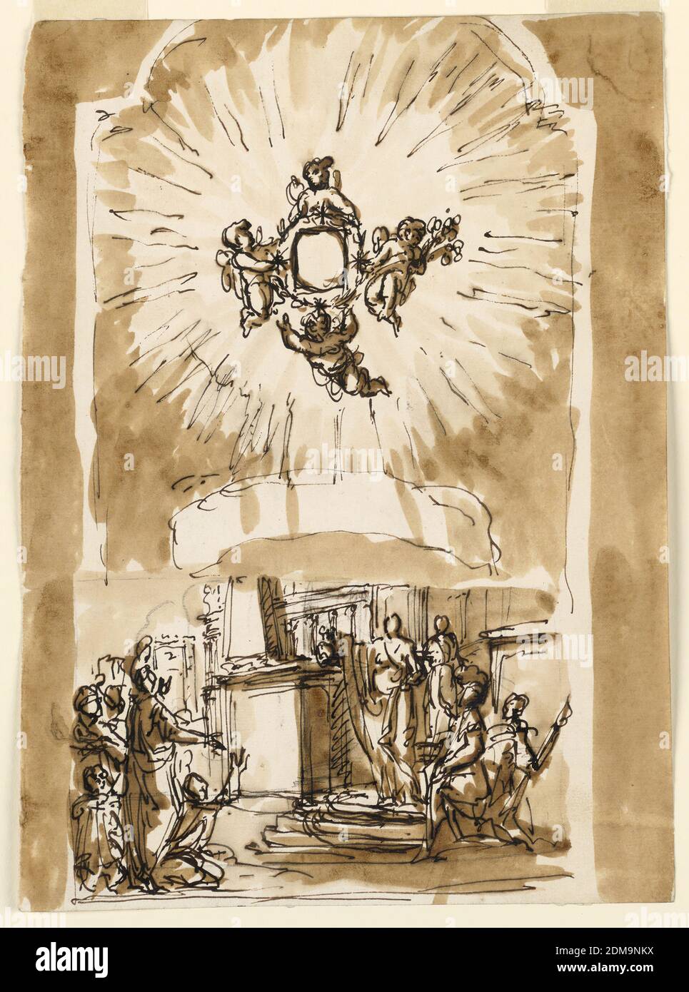 Frame of a revered small painting, Giuseppe Barberi, Italian, 1746–1809, Pen and brown ink, brush and brown wash, graphite, Four flying angels hold a wreath which surrounds the frame of the painting. It forms the center of a glory of rays beneath which is a paper scroll. Beneath, a woman in classical attire is shown putting upon or talking from a pedestal a pitcher. A crowd implores, or thanks her. Architectural setting, the upper part of which is not shown. Colored background., Rome, Italy, ca. 1773–1774, architecture, Drawing Stock Photo