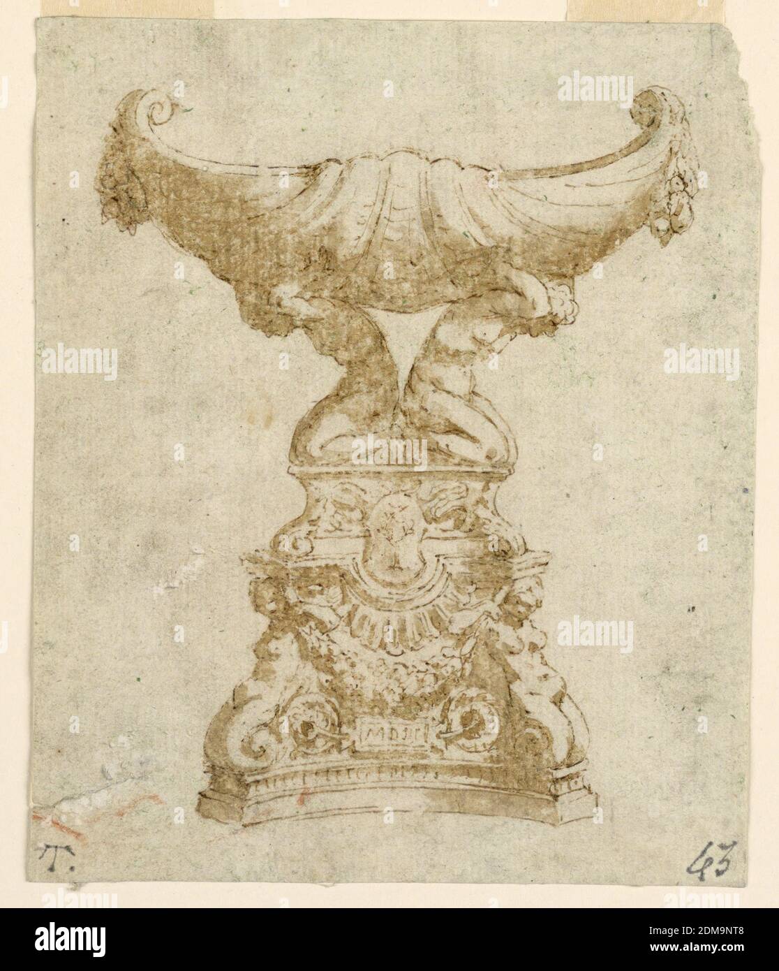 Project: A Hand Bell, Pen, sepia, red-brown watercolor on brown-grey paper, Vertical rectangle. The handle consists of birds with woman heads, with scrolls below, rows of blossoms, and leaves above. The main field of the body is decorated with two kneeling angels supporting an oval representation of the Virgin with the Child, above it is a cherub. Below the representation is a tablet with 'S.D.G.' Below is a band with 'DOMINI M D L X X I I.', Europe, 1800–1850, tableware designs, Drawing Stock Photo