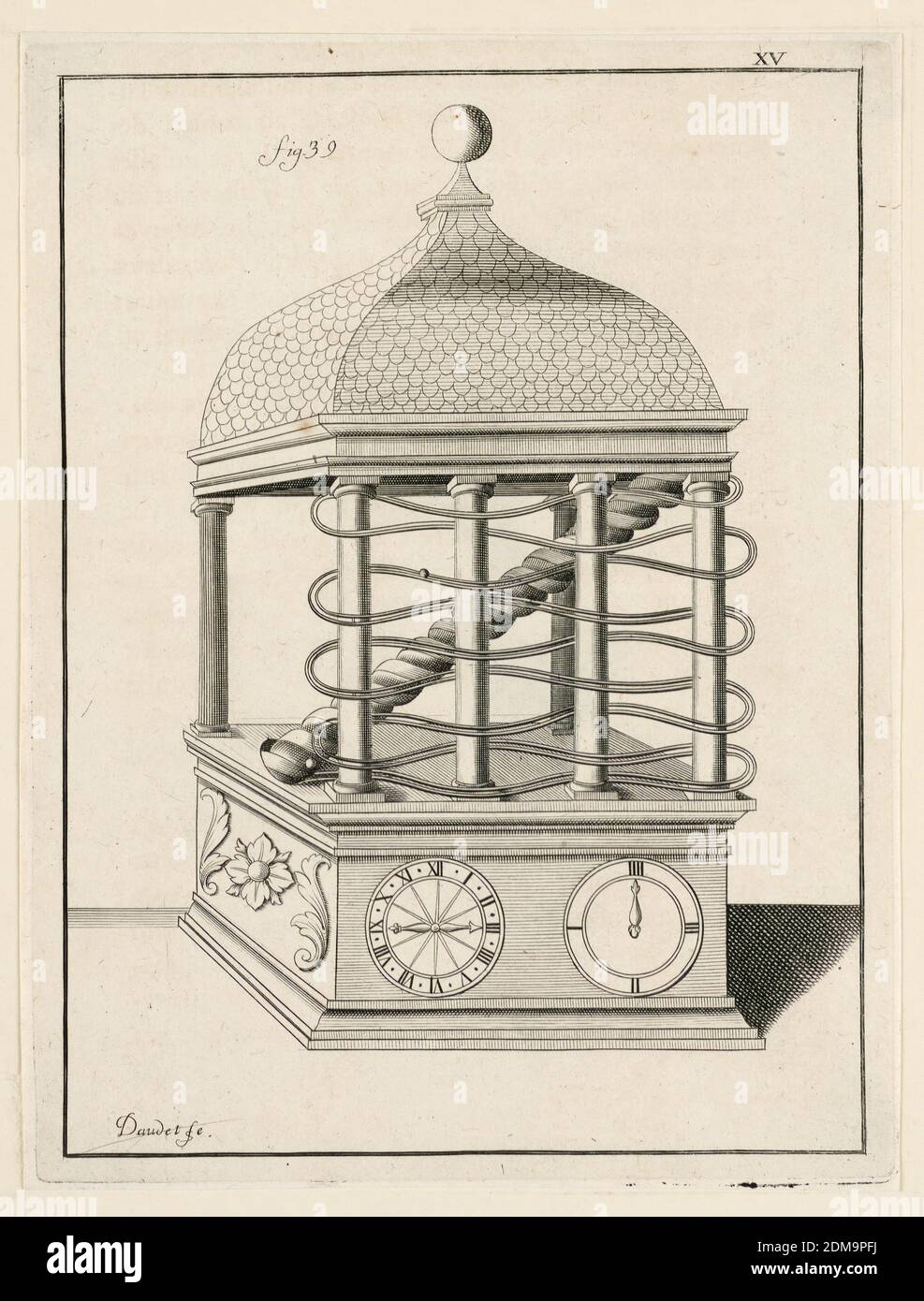 Design For a Clock, pl. XV from 'Recueil d'Ouvrages Curieux de Mathematique et de Mecanique, ou Description du Cabinet', Gaspard Grollier de Seviere II, French, 1677 - 1745, Engraving on paper, France, 1719, Print Stock Photo