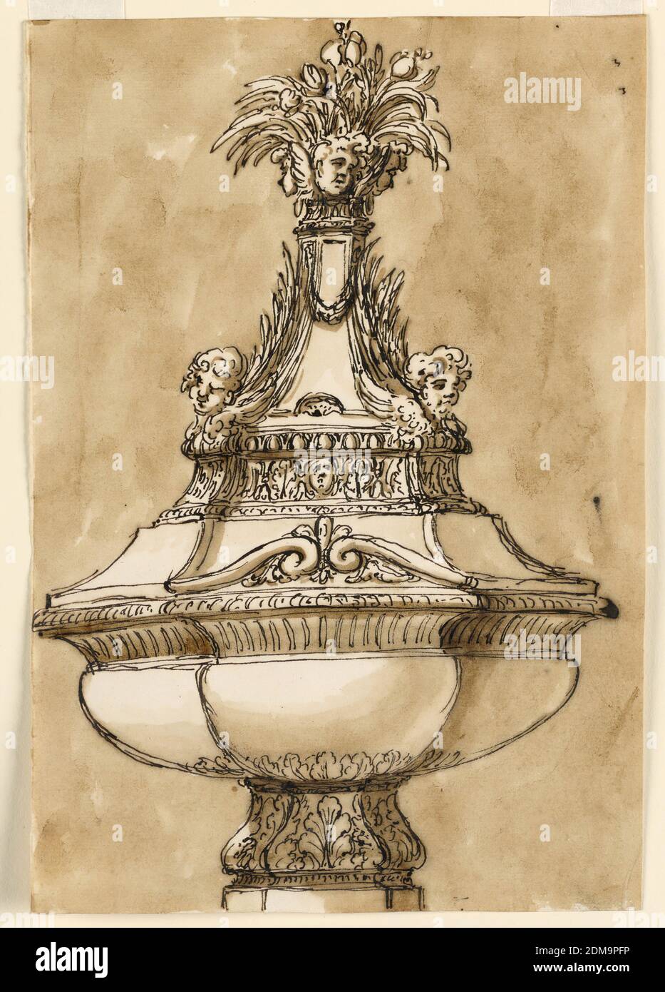 Design for a Baptismal Font, Giuseppe Barberi, Italian, 1746–1809, Pen and brown ink, brush and brown wash on lined off-white laid paper, The shaft is similar to -1411, the bowl to -1406. The lid has below a base with two zones, the lower one being undecorated, except with a broken pediment at the front. Upon the base stands a pyramid-like, curved pedestal with, ton top, a bunch of lilies and cherubim. Below the oblique sides are cherubim and palm branches. Usual background., Rome, Italy, ca. 1775, architecture, Drawing Stock Photo
