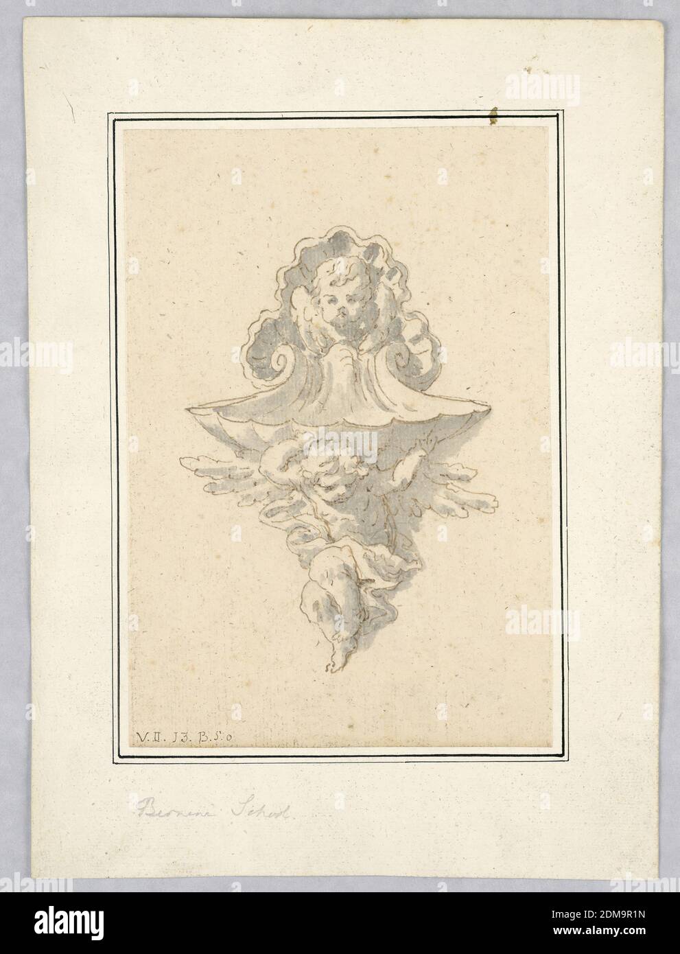 Design for a Basin, Pen and brown ink, brush and gray wash on cream laid paper on secondary paper support, Vertical rectangle. Design for a shell-shaped wall-mounted basin, supported by a cupid below. At top, bust of a cupid with wings framing the face against the background of a shell., Italy, 17th-19th century, architecture, Drawing Stock Photo