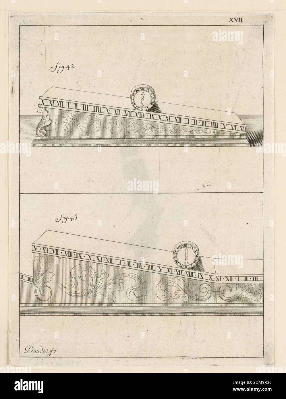 Design For a Clock, pl. XVII from 'Recueil d'Ouvrages Curieux de Mathematique et de Mecanique, ou Description du Cabinet', Gaspard Grollier de Seviere II, French, 1677 - 1745, Engraving on paper, France, 1719, Print Stock Photo