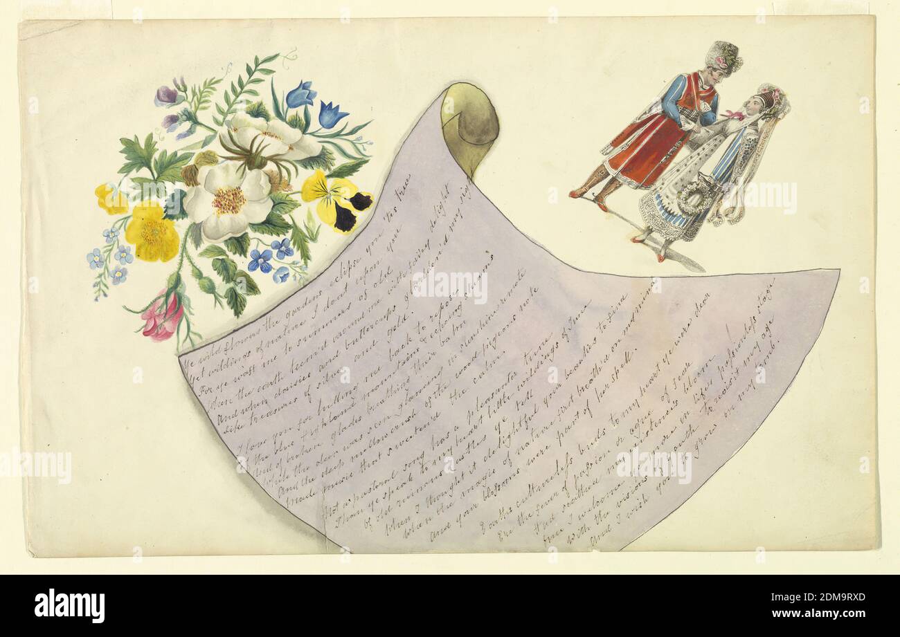 Remembrance Greeting, Engraving, brush and watercolor montage on paper, Bunch of wood roses, left; below, an inscriptional ribbon carrying a six-line poem in four verses. Upper right, an engraving montage of a Russian Cossack and his bride., England, 1830–1840, Greeting Card, Greeting Card Stock Photo