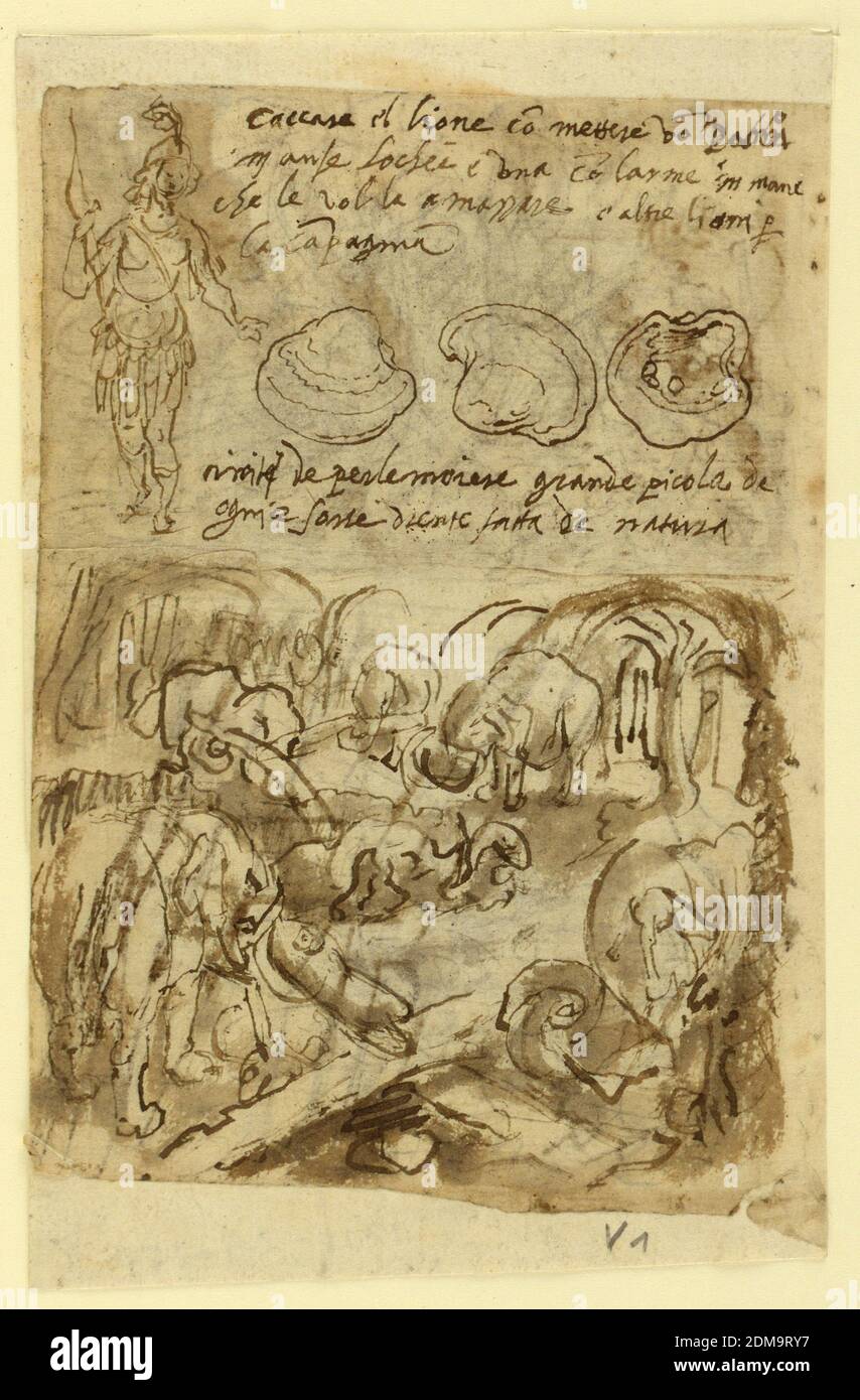 Recto, above, Standing Indian figure,Oyster Shells. Recto, below: Elephants Helping Each Other Out of a Trap, from Pliny's Natural History, Book 8, ch. 8; Verso, above: Using Fire to kill Watersnakes in India; Verso, below: Snake and annotations, Jan van der Straet, called Stradanus, Flemish, 1523–1605, Pen and brown ink, brush and wash on laid paper, Vertical rectangle. Top: Figure in armor and oyster shells; six lines of handwriting, inscription. Bottom: Elephant carrying logs. Reverse, top: Burning of snakes. Bottom: Account notations., Netherlands, 1596 or before, figures, Drawing Stock Photo