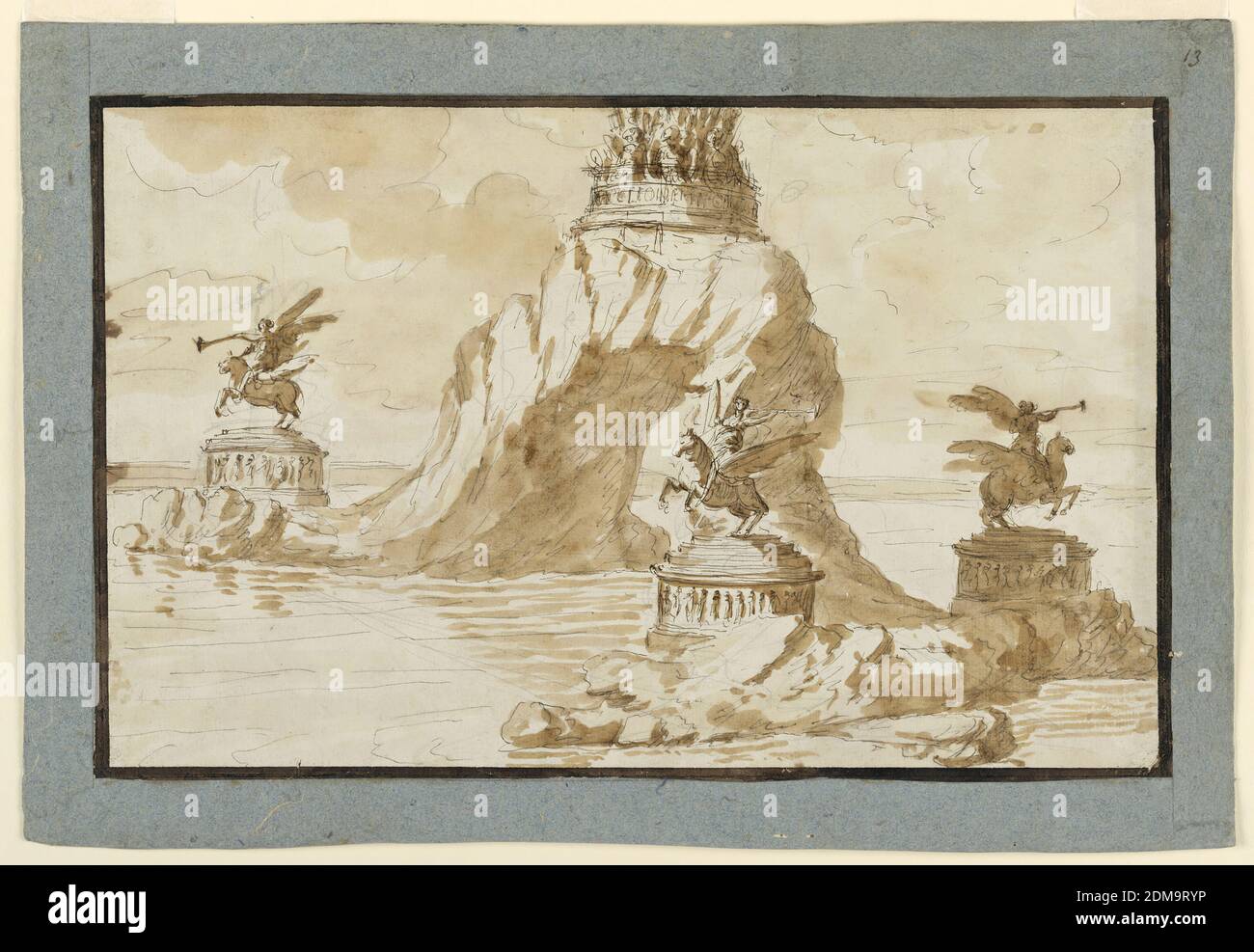Project: a fountain in honor of Emperor Napoleon, Giuseppe Barberi, Italian, 1746–1809, Pen and brown ink, brush and brown wash, graphite on off-white laid paper, lined, Horizontal rectangle. Shown like 1938-88-1774. The design is a variation of that of 1938-88-1774. The central rock has the shape of a natural arch. Winged genii upon winged horses stand upon round pedestals, upon the ledges. On top of the arch is a circular base, with an inscription. Above the inscription is a trophy of arms. Dark brown framing band. Framed by gray-blue paper stripes., Rome, Italy, 1796–1801, architecture Stock Photo