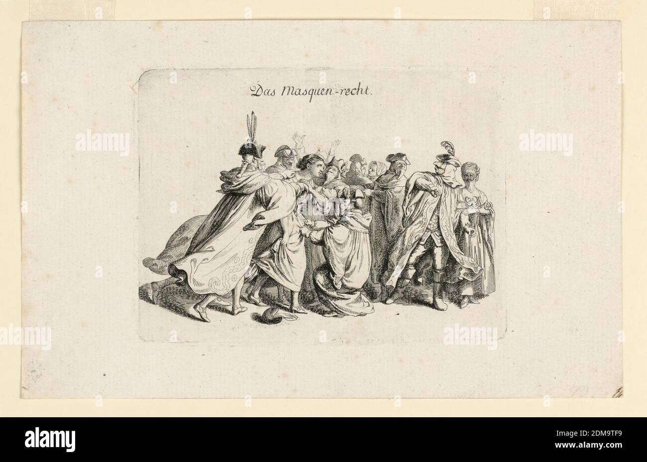 A Masquerade, Daniel Nikolaus Chodowiecki, German, 1726 - 1801, Engraving on paper, Numerous masked figures are clutching at an unmasked woman, who attempts to escape from the crowd. Inscribed above: Das Masquenrecht., Germany, 1775, Print Stock Photo