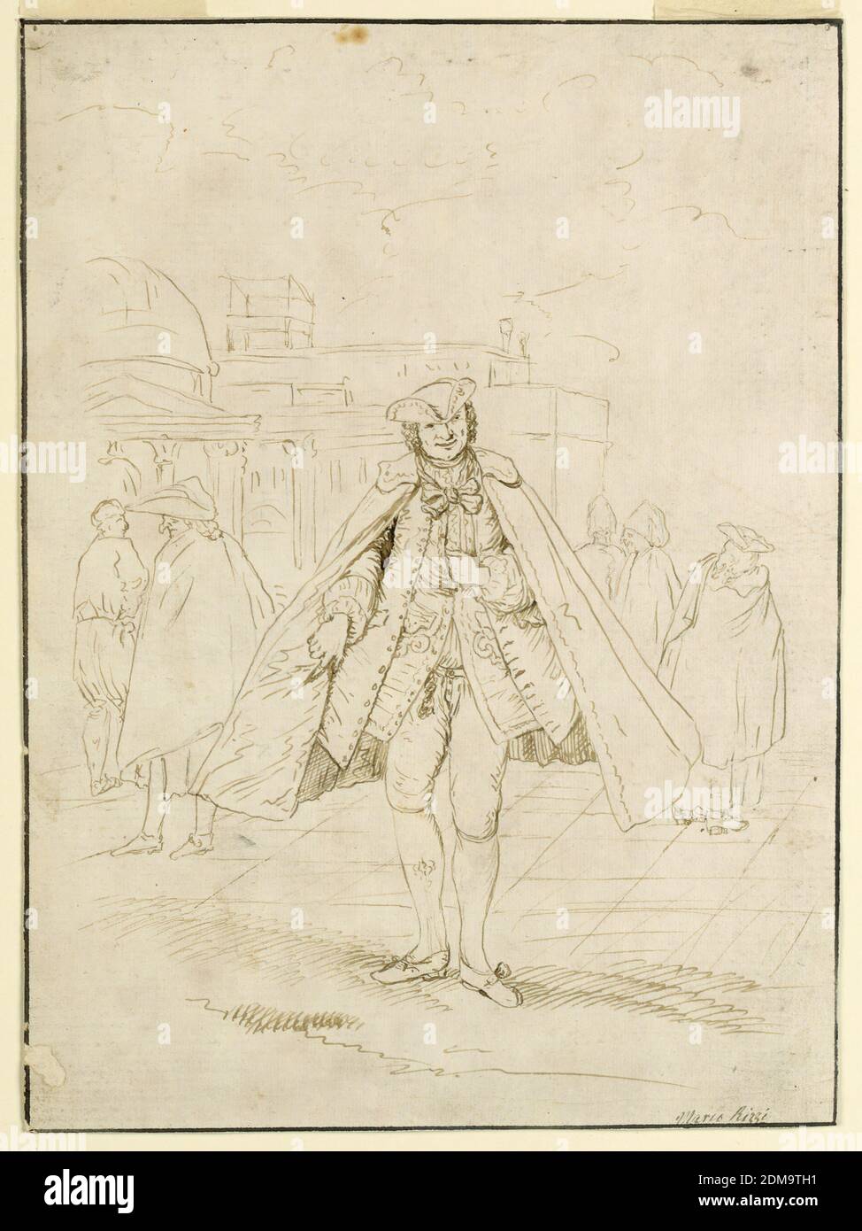 Six Men Standing or Walking in a Public Square of a Town, Pen and ink, black chalk on paper, mounted, In the center in front is a richly clad gentleman shown from the front side. Behind him are at left, another gentleman with a cape and a workman; at right, three figures. In the background are at left a church and a big mansion, but un-Venetian looking. Indication of the clouds., Italy, 1730–1750, Drawing Stock Photo