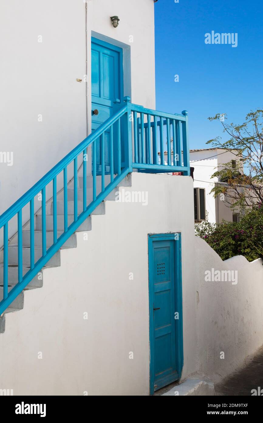 Greek Windows Railing Blue painted wooden entrance doors and stairs with railing on ...