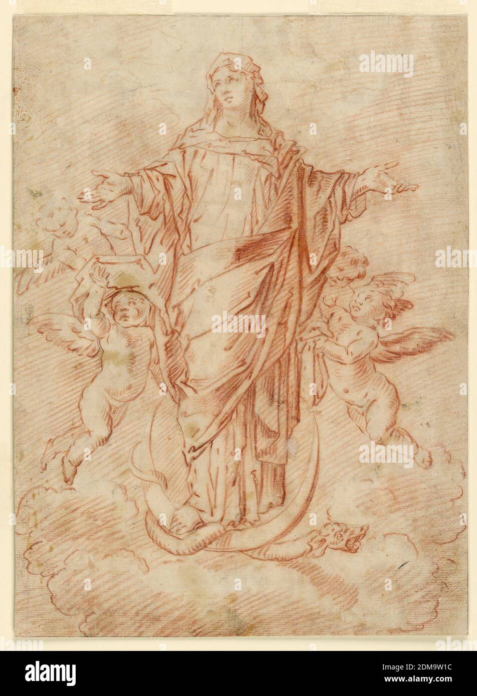 Assumption of Mary, Red chalk, graphite on laid paper, Mary is shown with outspread arms standing on a lunar crescent with a serpent wound around it. Four winged putti surround her and while holding on to her coat they carry her up into heaven., Italy, 1670–1700, Drawing Stock Photo