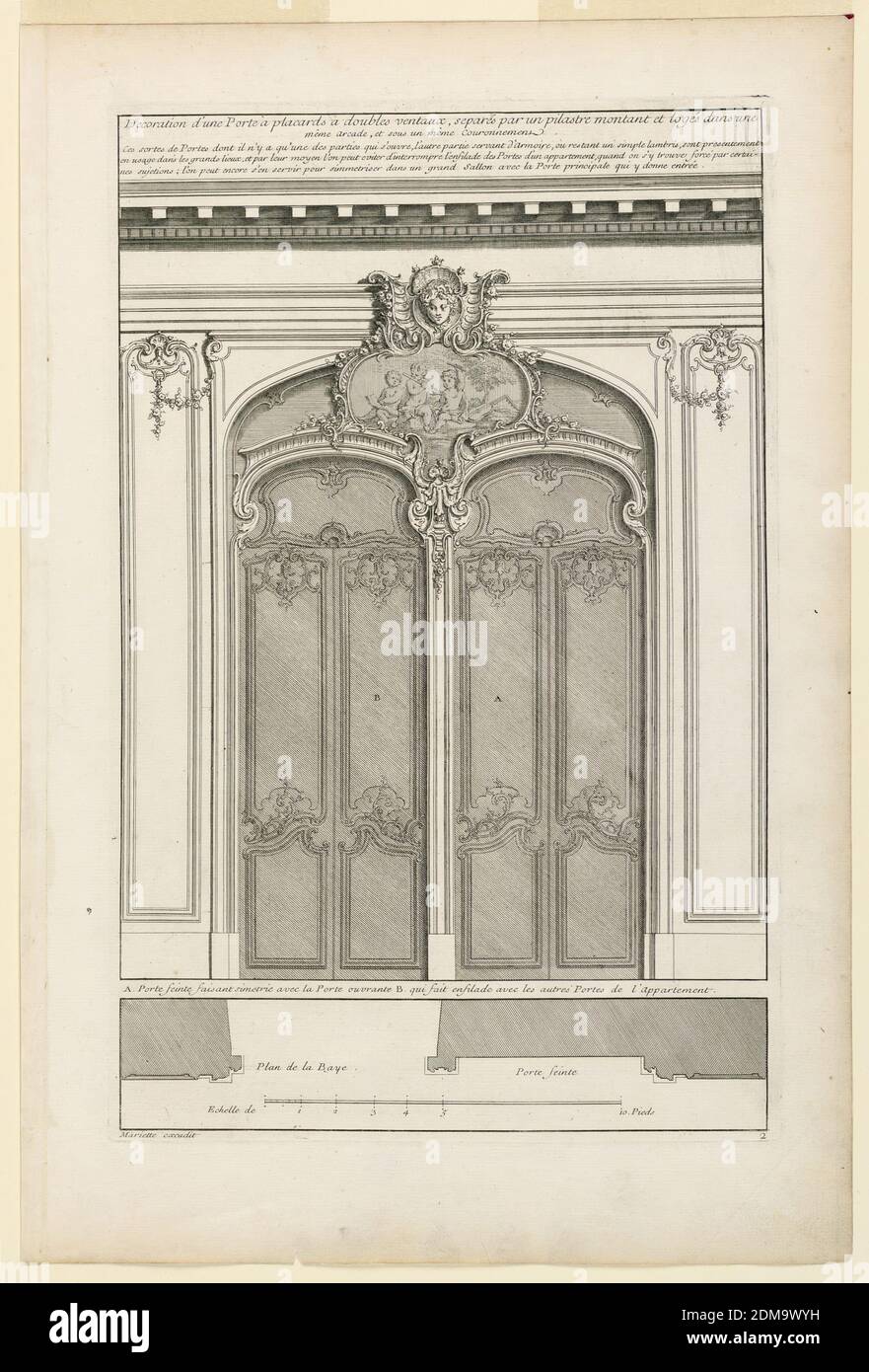 Plate 2, 'Decoration d'une Porte à placards à double ventaux', Jacques-François Blondel, French, 1705 - 1774, Jean Mariette, 1660–1742, Engraving on paper, Two double doors within a joint arch. Both doors have a separate crowning rocaille volute above. Above, the overdoor with a painting surmounted by a carving of a female mask on a cartouche. Panels flanking doors with little volute and flower carving on top. Inscribed, along upper margin: title and 3 lines of explanation; lower left: 'Mariette excudit'; lower right: '2'. Explanation and inscriptions on the engraving., France, ca. 1727, Print Stock Photo