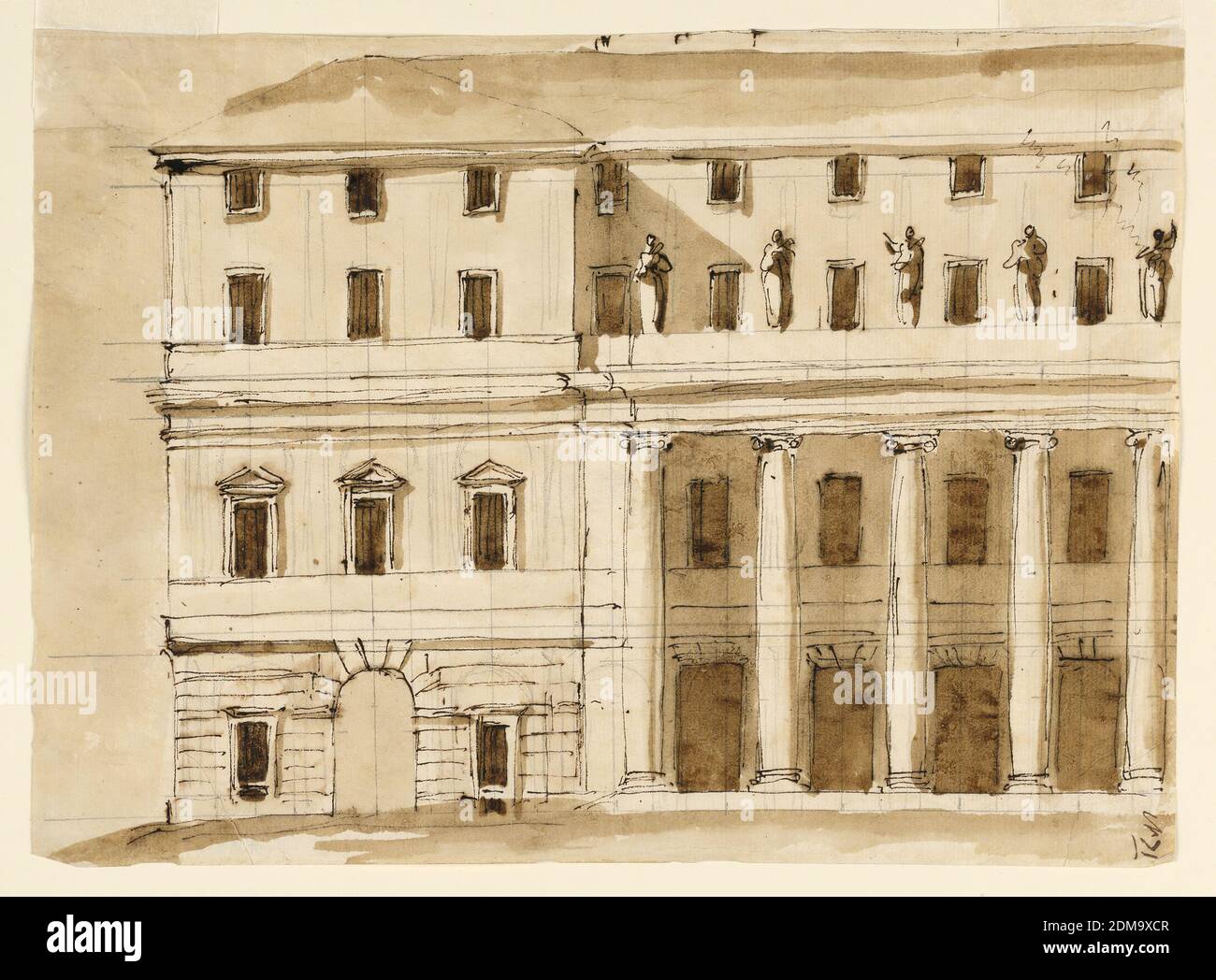 Left Half of Elevation of a Town Mansion, Giuseppe Barberi, Italian, 1746–1809, Pen and brown ink, brush and brown wash, graphite on off-white laid paper, A colonnade of Ionic order with a straight entablature on which statues stand before the receding central wind and connects the projecting lateral wings. The latter are of three bays and have an arched doorway in the middle of the ground floors. Four floors, a mansard included., Rome, Italy, ca. 1795, architecture, Drawing Stock Photo